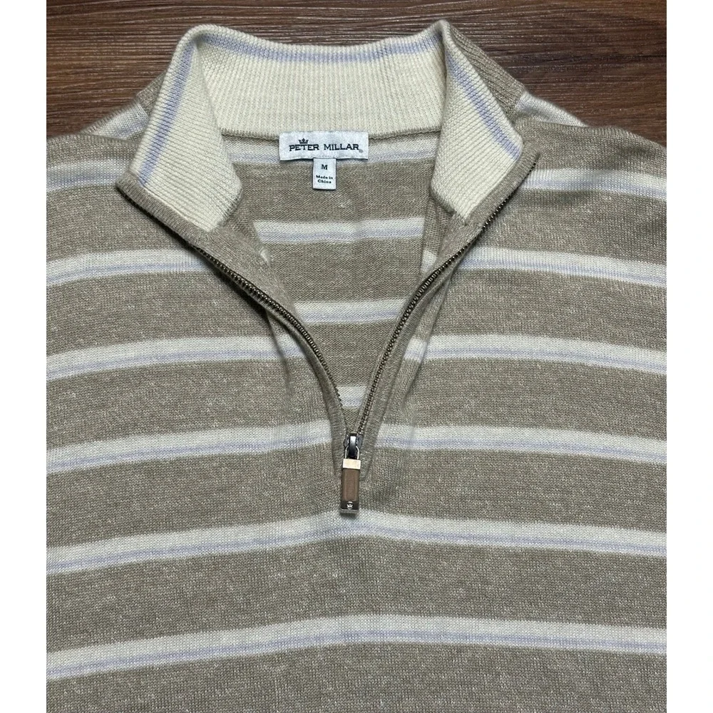 Peter Millar Seaside Long Bay Striped Merino Wool Linen 1/4 Zip Sweater Sz M - Picture 4 of 10